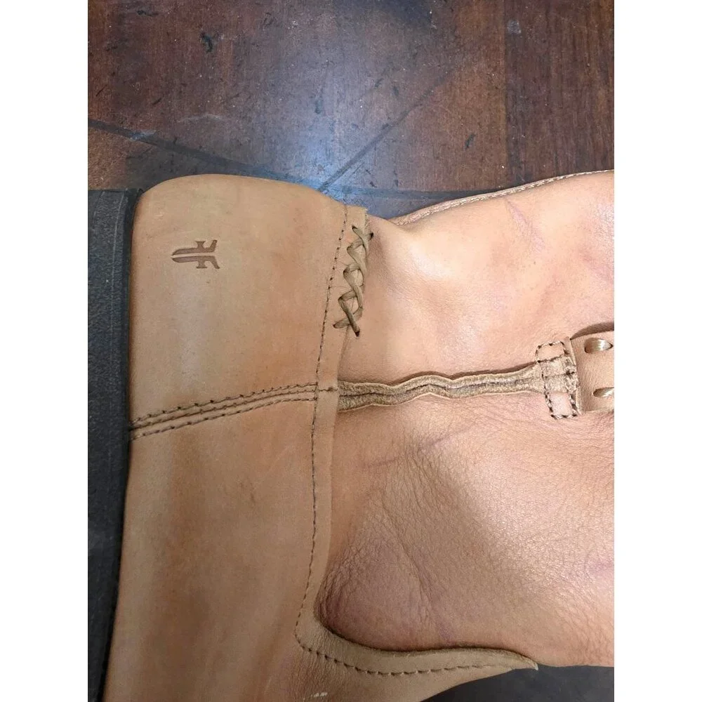 Frye Kids Tan Leather Ankle Boots With Side Zipper Closure & Braided Detail Size
